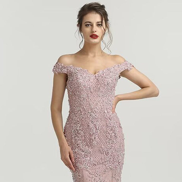 Elegant Dusty Pink Sequin Appliques Prom Dress, Mermaid V-Neck with Beads