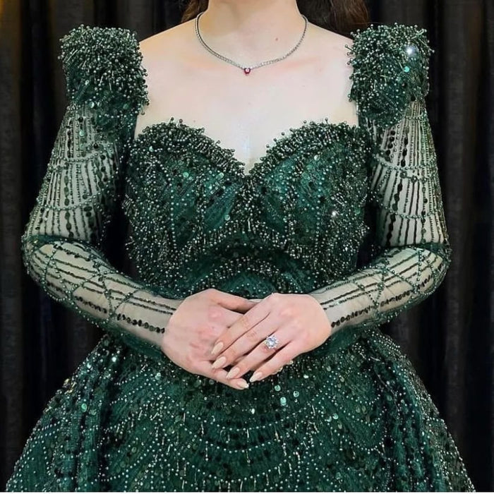 Elegant Green Applique Prom Dress, Long Sleeve Mermaid