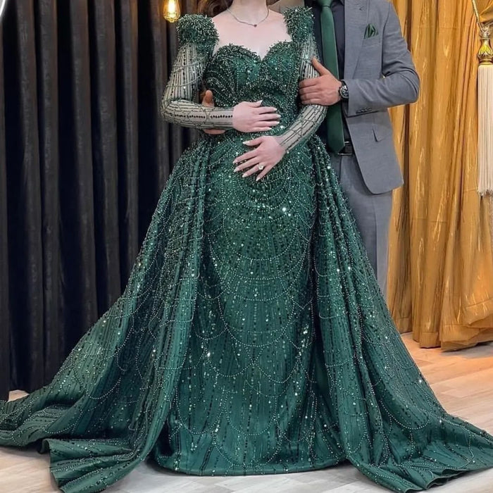 Elegant Green Applique Prom Dress, Long Sleeve Mermaid