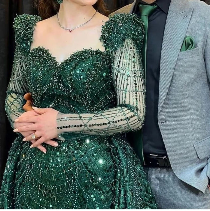 Elegant Green Applique Prom Dress, Long Sleeve Mermaid