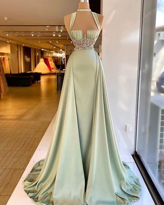 Elegant Halter Green Beaded A-Line Mermaid Prom Dress