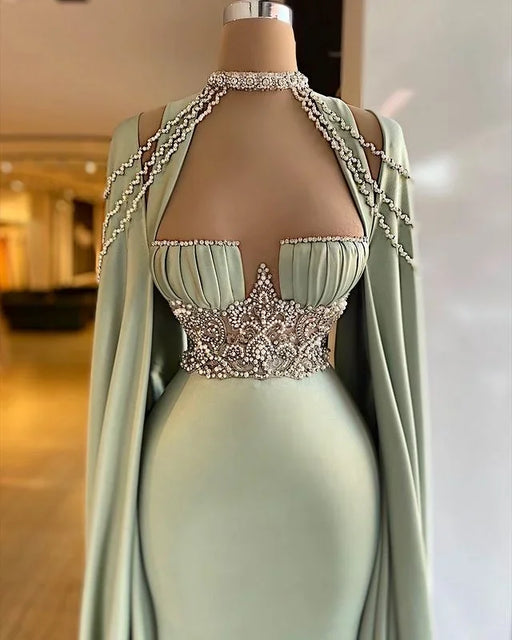 Elegant Halter Green Beaded A-Line Mermaid Prom Dress