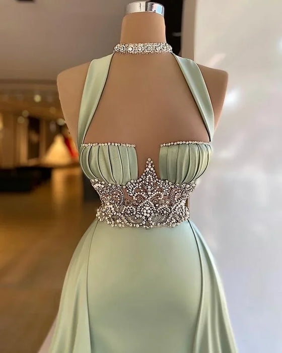 Elegant Halter Green Beaded A-Line Mermaid Prom Dress