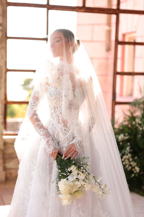 Elegant High Neck Long Sleeves A-Line Appliques Lace Wedding Dress