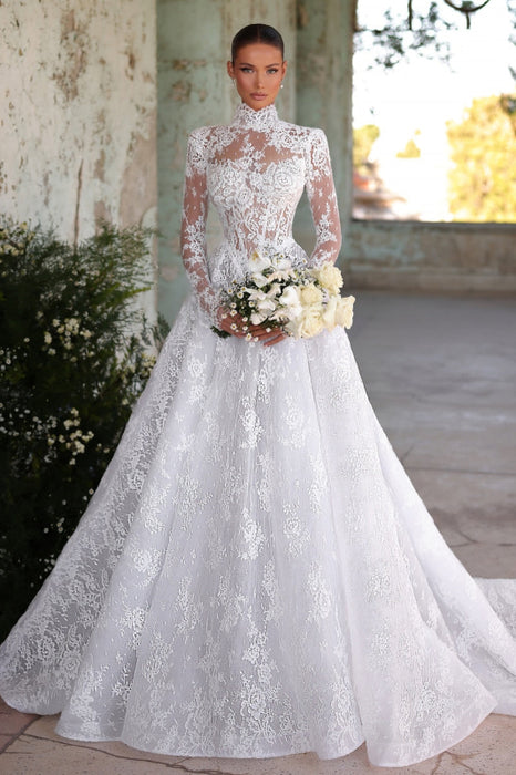 Elegant High Neck Long Sleeves A-Line Appliques Lace Wedding Dress