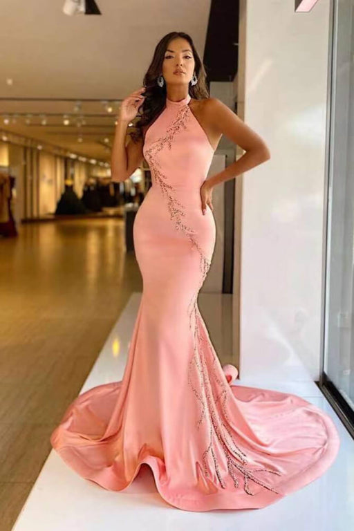 Elegant High Neck Pink Mermaid Prom Dress with Appliqu¨¦