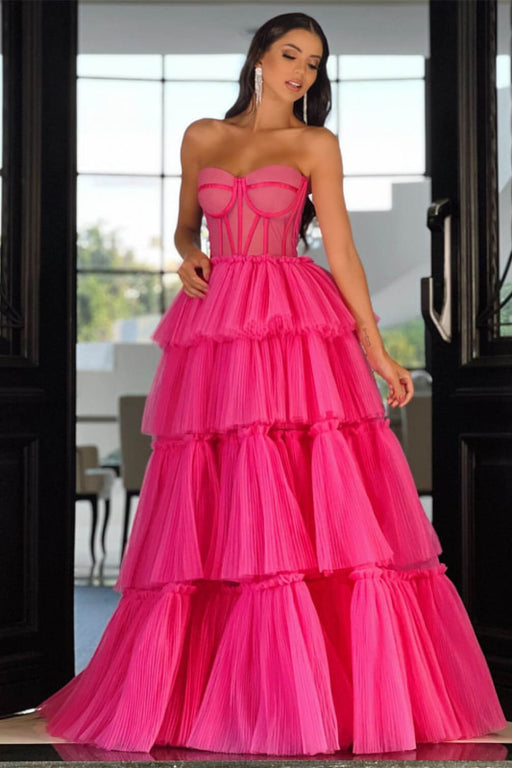 Elegant Hot Pink Sweetheart Sleeveless Layers Prom Dress