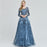 Elegant Ink Blue Long Sleeve Prom Dress, Sequin Applique A-Line