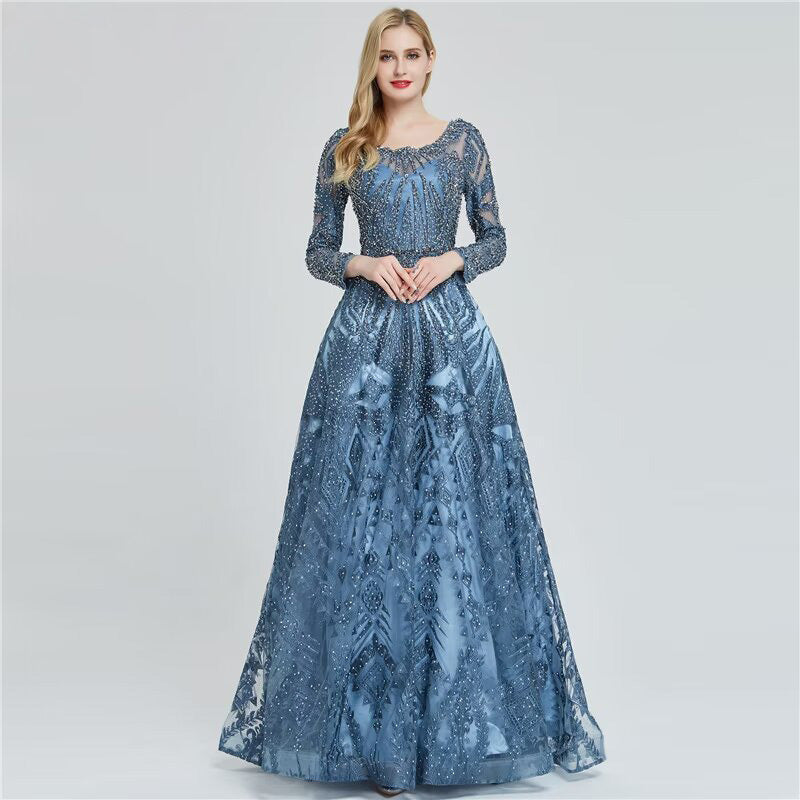 Elegant Ink Blue Long Sleeve Prom Dress, Sequin Applique A-Line