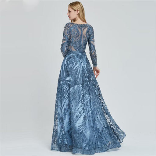 Elegant Ink Blue Long Sleeve Prom Dress, Sequin Applique A-Line