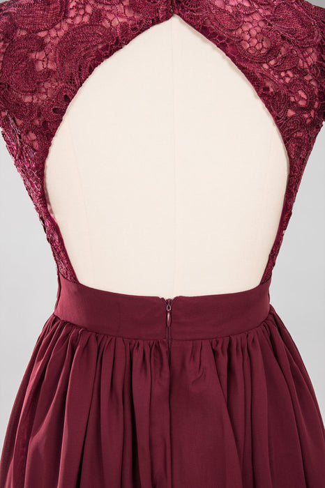 Bridelily Elegant Lace Open-Back Long Burgundy Bridesmaid Dresses Online