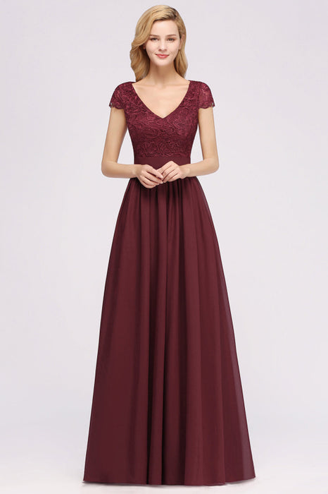 Bridelily Elegant Lace Open-Back Long Burgundy Bridesmaid Dresses Online