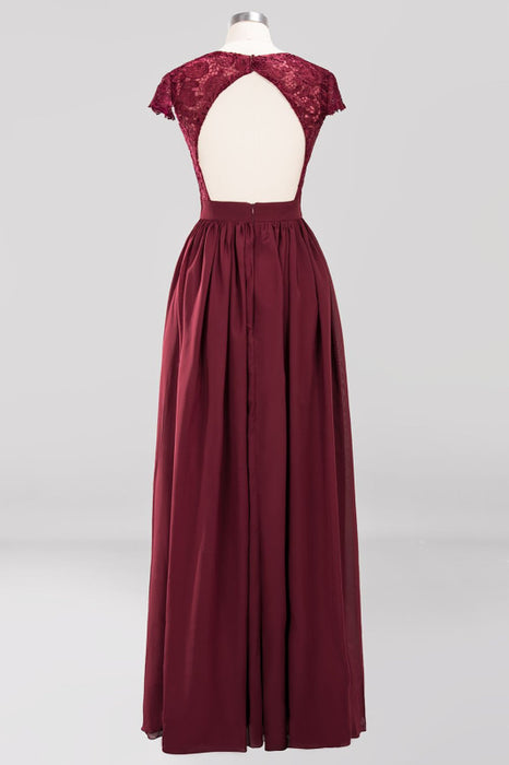 Bridelily Elegant Lace Open-Back Long Burgundy Bridesmaid Dresses Online