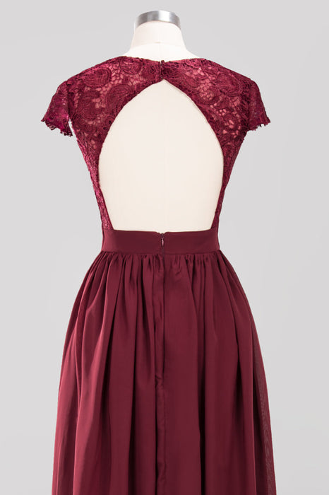 Bridelily Elegant Lace Open-Back Long Burgundy Bridesmaid Dresses Online