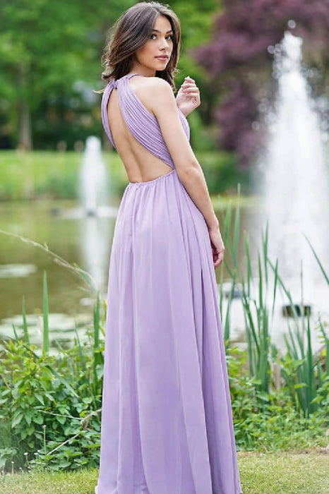 Elegant Lilac Halter Sleeveless A-Line Prom Dress with Open Back