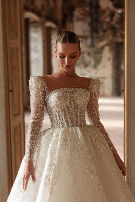 Elegant Long Sleeves Beaded Appliques Lace A-Line Square-Neck Wedding Dress