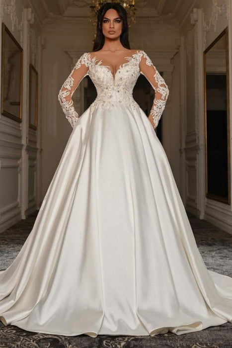 Elegant Long Sleeves V-Neck Appliques Lace A-Line Ruched Satin Wedding Dress with Chapel Train