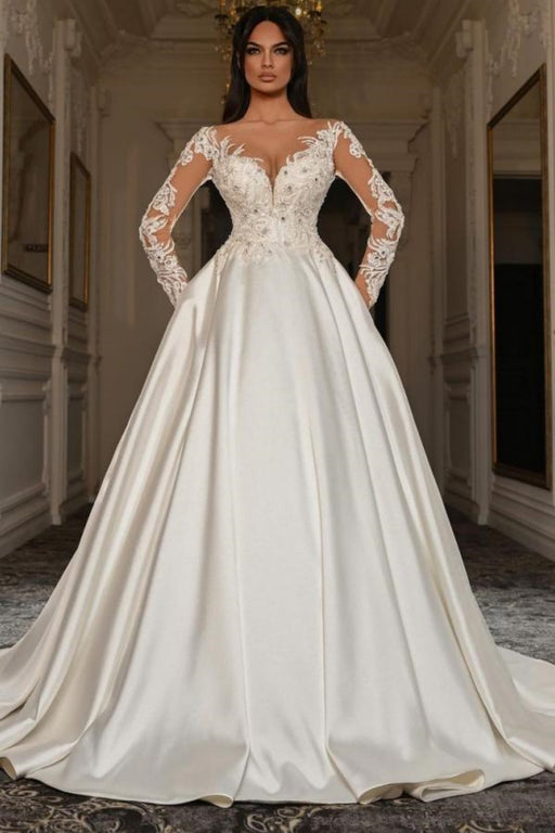 Elegant Long Sleeves V-Neck Appliques Lace A-Line Ruched Satin Wedding Dress with Chapel Train