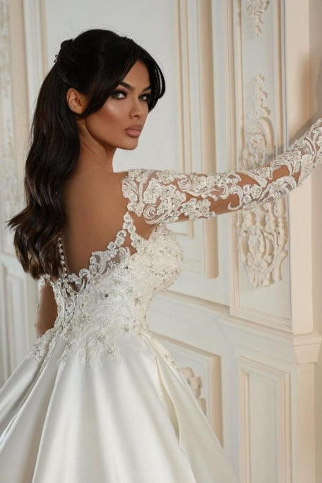 Elegant Long Sleeves V-Neck Appliques Lace A-Line Ruched Satin Wedding Dress with Chapel Train