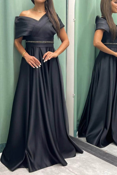 Elegant Off-shoulder Long Evening Dress with Pleats - On Sale