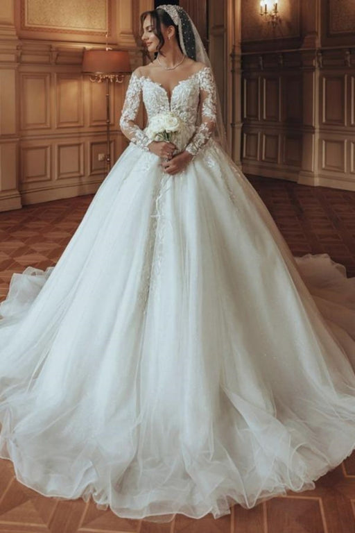 Elegant Off-the-Shoulder A-Line Appliques Lace Floor-Length Wedding Dress