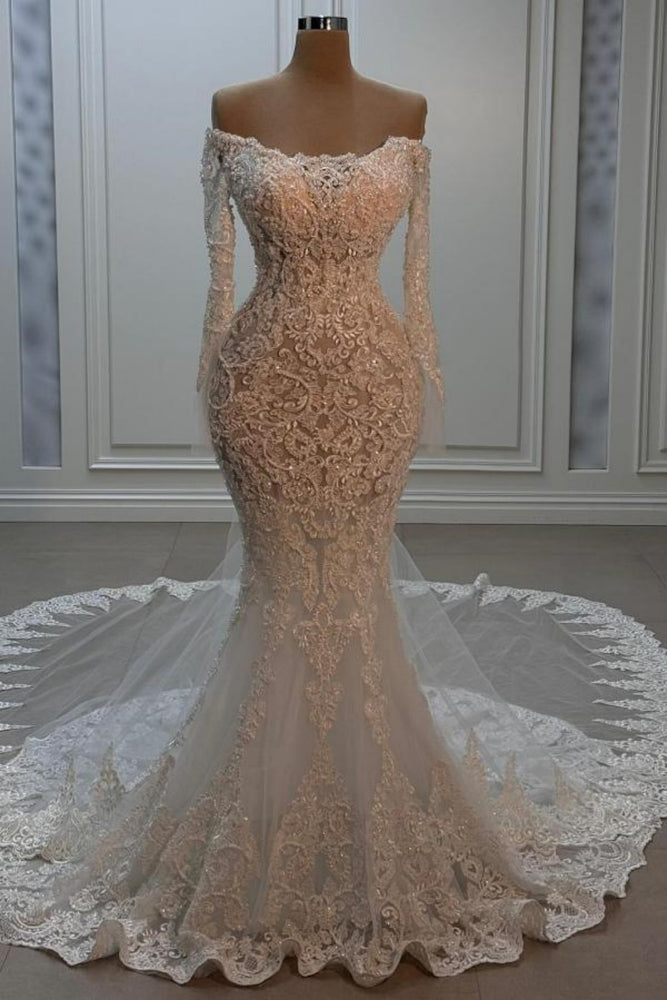 Elegant Off-the-Shoulder Appliques Lace Mermaid Wedding Dress with Chapel Train