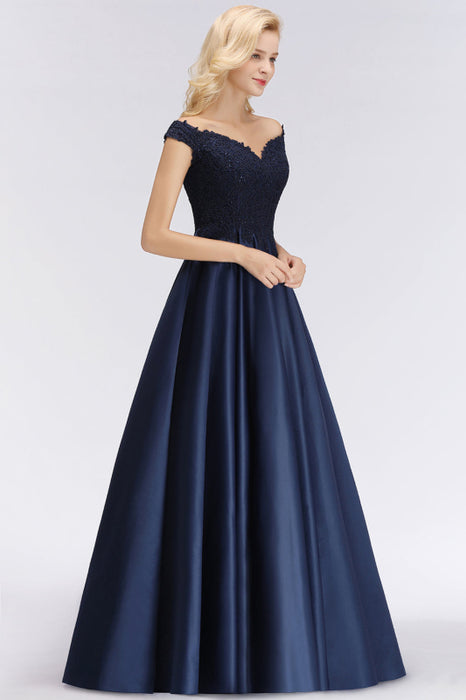 Bridelily Elegant Off-the-Shoulder Ruffle Navy Lace Bridesmaid Dresses with Beads