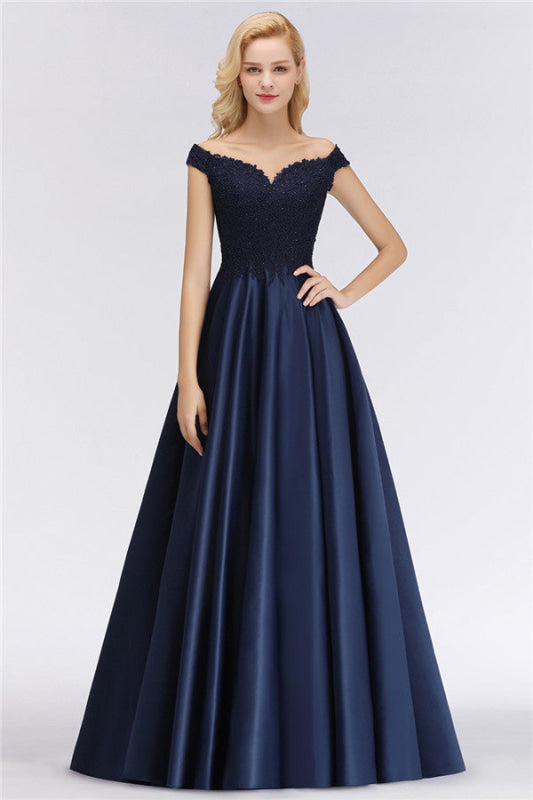 Bridelily Elegant Off-the-Shoulder Ruffle Navy Lace Bridesmaid Dresses with Beads