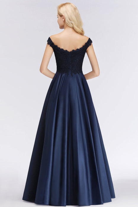 Bridelily Elegant Off-the-Shoulder Ruffle Navy Lace Bridesmaid Dresses with Beads