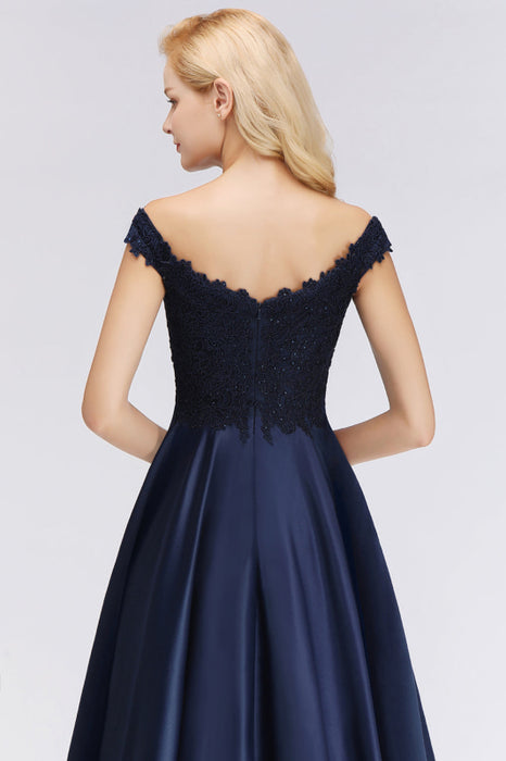 Bridelily Elegant Off-the-Shoulder Ruffle Navy Lace Bridesmaid Dresses with Beads