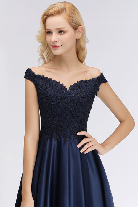 Bridelily Elegant Off-the-Shoulder Ruffle Navy Lace Bridesmaid Dresses with Beads