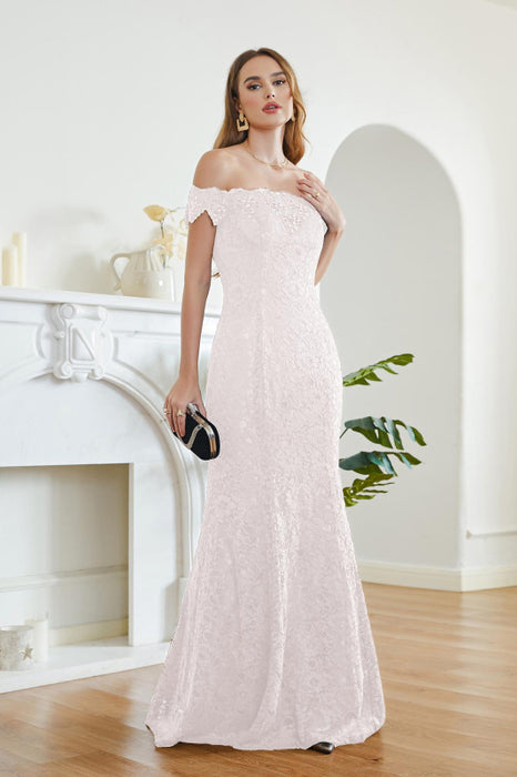 Elegant Off-the-Shoulder Trumpet Bridesmaid Dress Lace Long Evening Dress - Ivory / US 4 - Prom Dresses