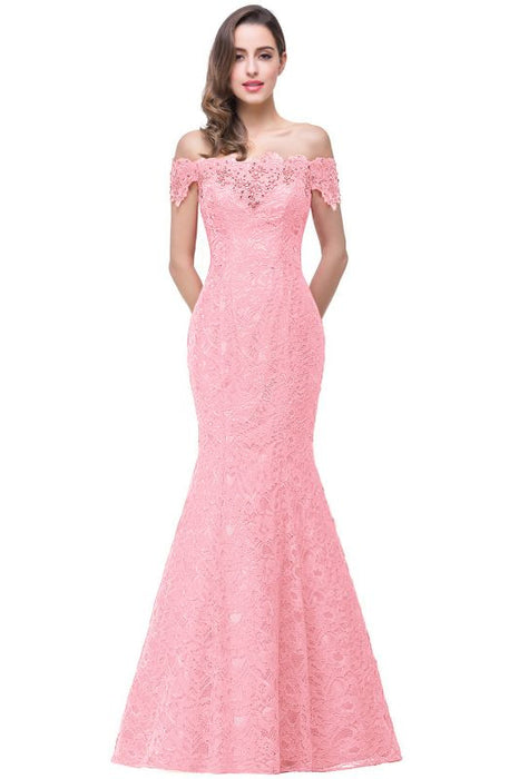 Elegant Off-the-Shoulder Trumpet Bridesmaid Dress Lace Long Evening Dress - Pink / US 4 - Prom Dresses