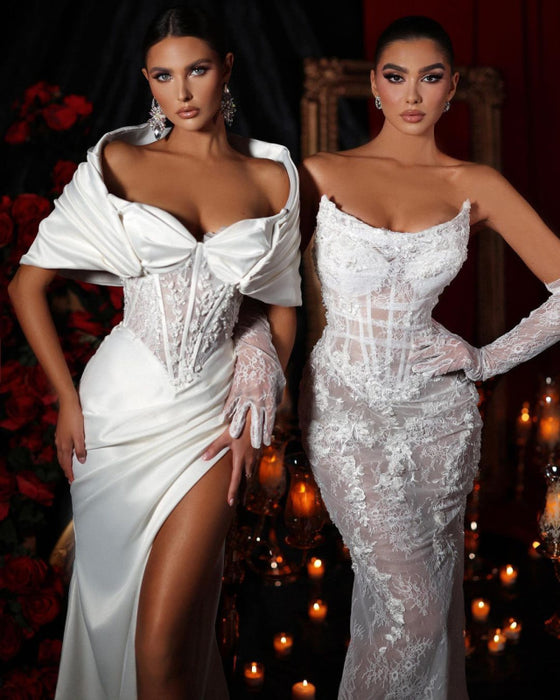 Elegant Off-the-Shoulder White Wedding Dress with Split Charmeuse