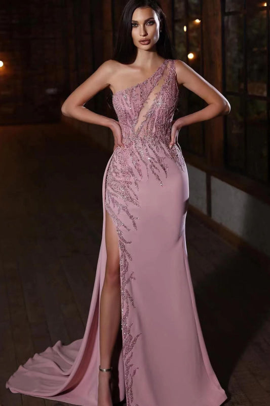 Elegant One-Shoulder Applique Mermaid Prom Dress with Split