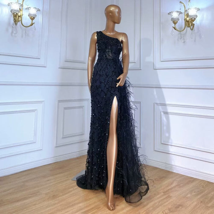 Elegant One-Shoulder Mermaid Evening Dress with Split, Beading, and Feathers