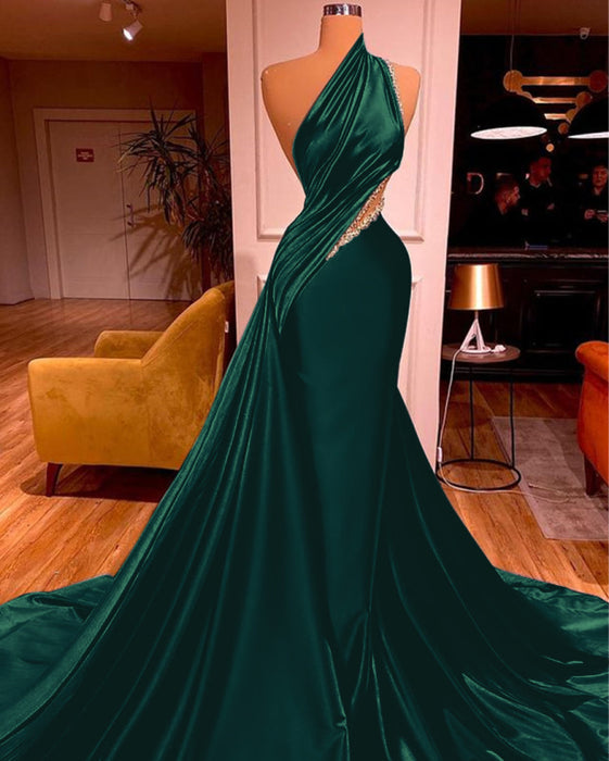  Elegant One Shoulder Mermaid Prom Dress Long Pleated with Beads