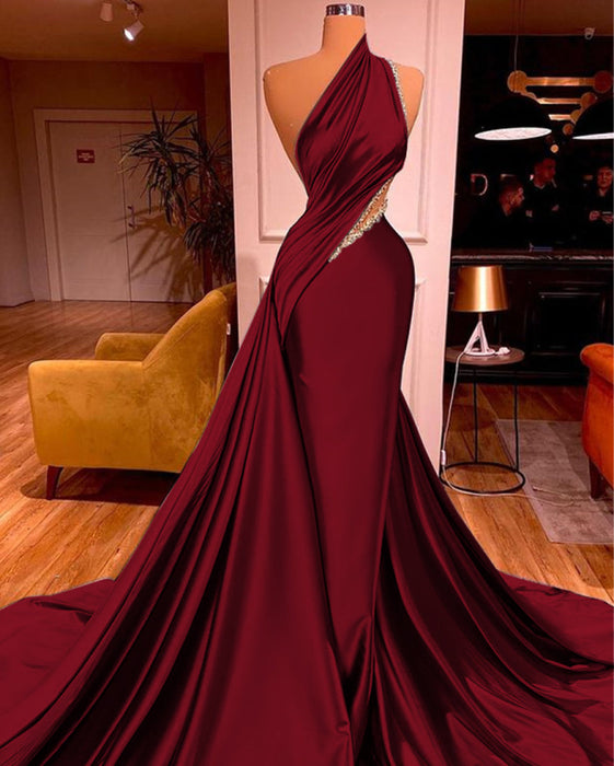  Elegant One Shoulder Mermaid Prom Dress Long Pleated with Beads