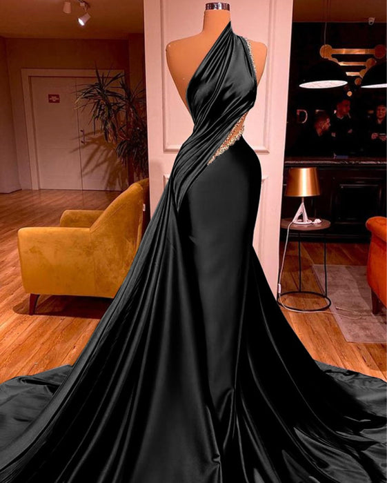  Elegant One Shoulder Mermaid Prom Dress Long Pleated with Beads