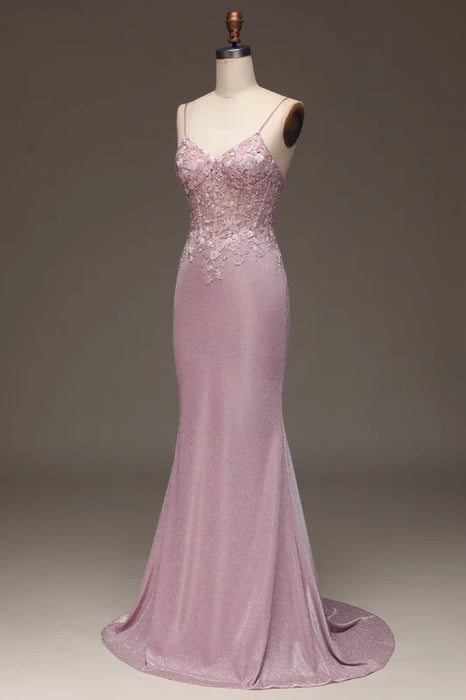 Elegant Pink Spaghetti-Strap Shining Sleeveless Prom Dress