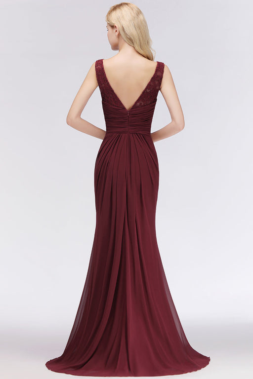 Bridelily Mermaid Scoop Sleeveless Lace Burgundy Bridesmaid Dresses with Pleats