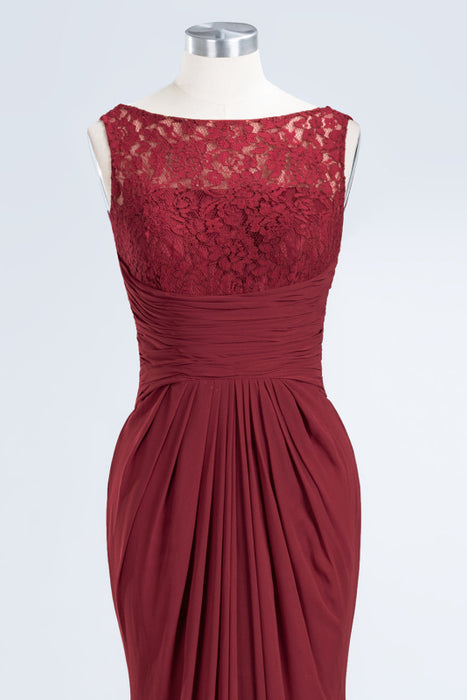 Bridelily Mermaid Scoop Sleeveless Lace Burgundy Bridesmaid Dresses with Pleats