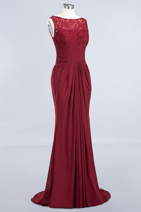 Bridelily Mermaid Scoop Sleeveless Lace Burgundy Bridesmaid Dresses with Pleats