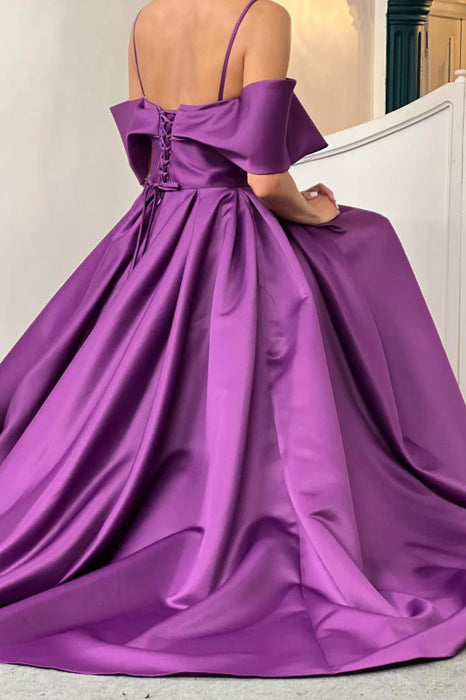 Elegant Prom Dress with Pockets - Purple Off-The-Shoulder A-Line