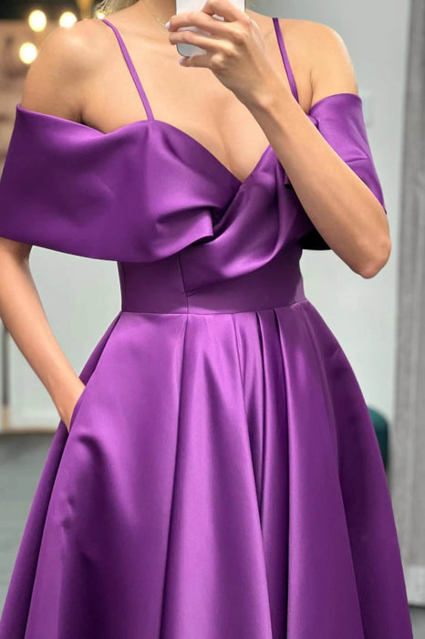 Elegant Prom Dress with Pockets - Purple Off-The-Shoulder A-Line