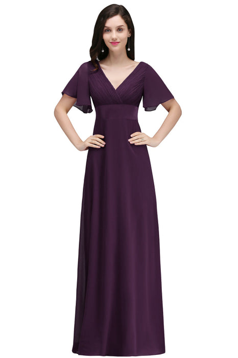 Elegant Puffy Sleeves Chiffon Aline Bridesmaid Dresses V-Neck Floor Length Evening Dress - Grape / S - Prom Dresses