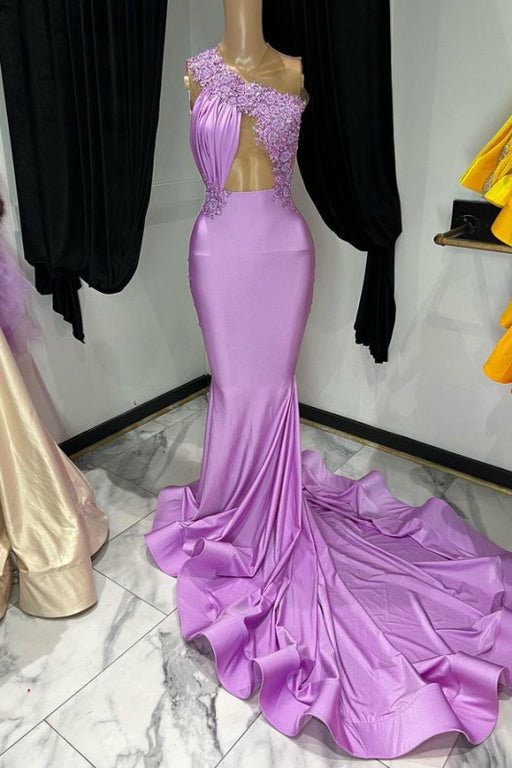 Elegant Purple Sleeveless One-Shoulder Mermaid Prom Dress