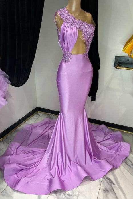 Elegant Purple Sleeveless One-Shoulder Mermaid Prom Dress