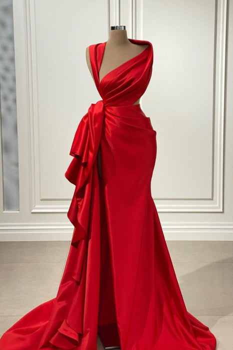 Elegant Red Charmeuse Long Prom Dress with High Slit