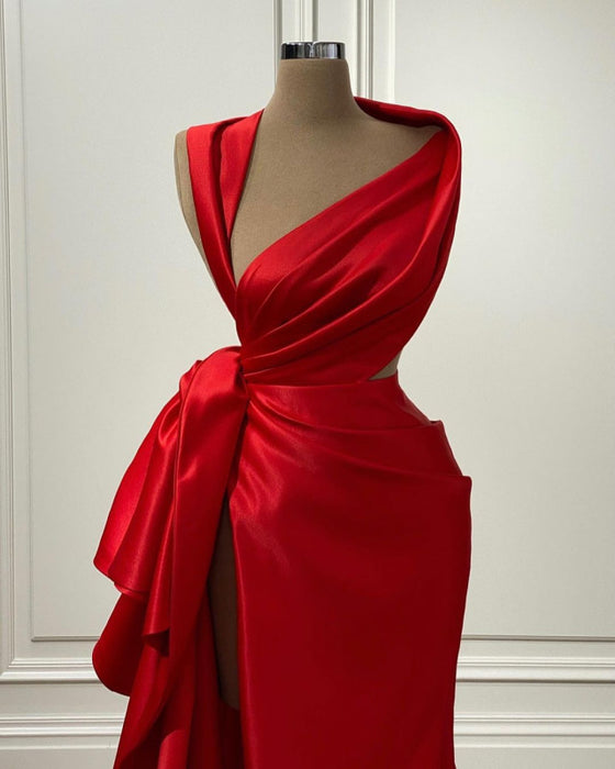 Elegant Red Charmeuse Long Prom Dress with High Slit